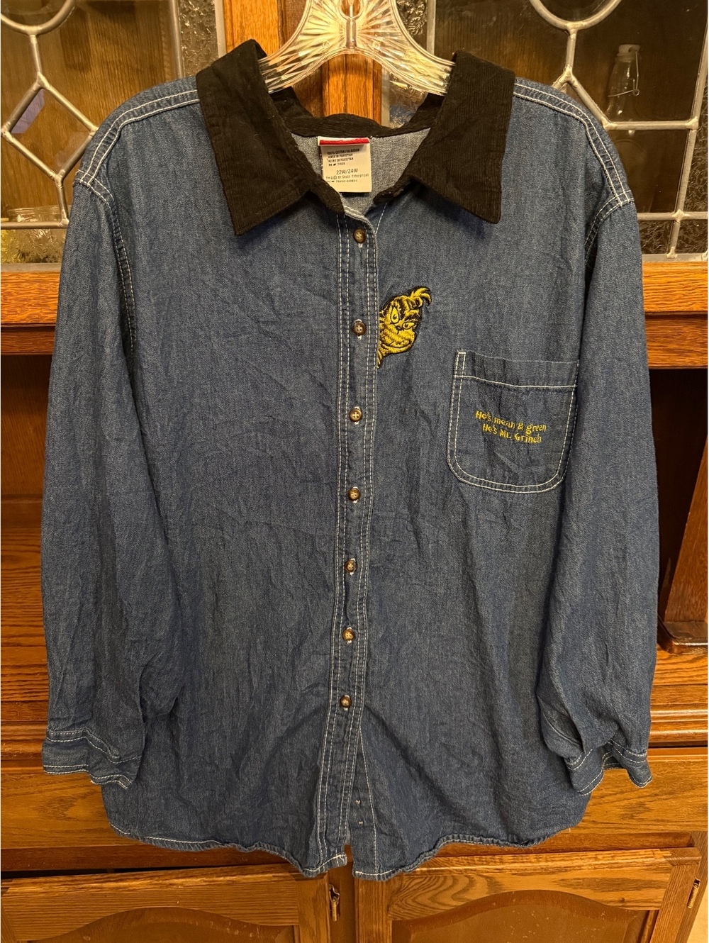 Vintage Dr Seuss Grinch Denim Shirt Embroidered Corduroy Collar Plus 22W/24W